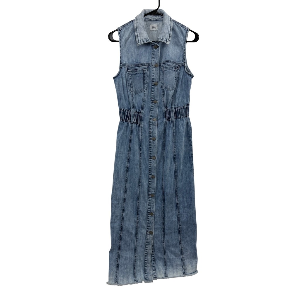 WASH LAB Dress Womens Size Small Blue Denim Sleeveless Button Front Maxi Raw Hem
